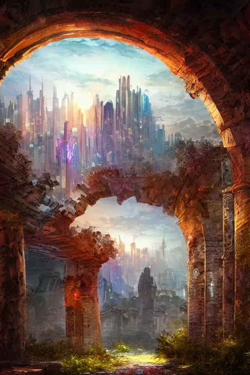 Prompt: beautiful matte painting street art fantasy ruins skyline background painted, intricate, volumetric lighting, beautiful, rich deep colors masterpiece, sharp focus, ultra detailed by