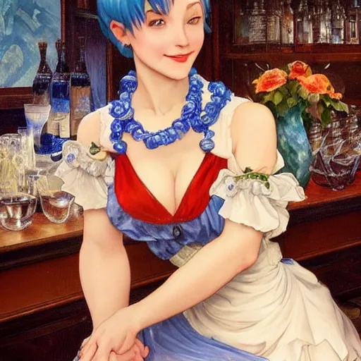 Image similar to a smiling happy beautiful barmaid with short blue hair wearing a red satin dress in a rustic saloon, beautiful sparkling blue eyes, caucasian, fantasy, intricate and very beautiful and elegant, highly detailed, digital painting, artstation, concept art, smooth and sharp focus, illustration, art by tan zi and artgerm and alphonse mucha and peter mohrbacher