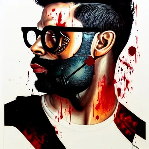 Prompt: a portrait of a dark man :: side profile :: oxygen mask :: blood and ocean intricate details :: glasses :: 8k :: by vikings and Sandra Chevrier