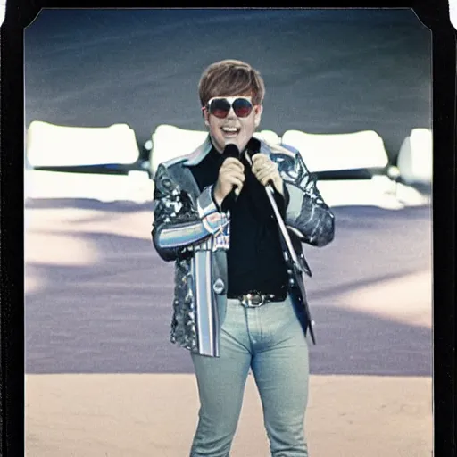 Image similar to Elton John Age 25, Dodgers Stadium concert in 1975, ultradetailed, polaroid picture, enhanced quality polaroid photo