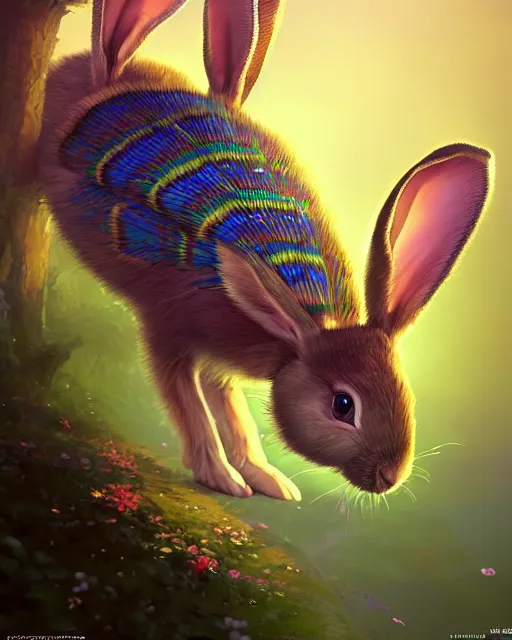 Prompt: a cute rabbit hybrid with peacock and colors. complex 3 d render highly detailed, intricate background, by krenz cushart, ilya kuvshinov, greg rutkowski, peter mohrbacher, thomas kinkade, victo ngai. unreal engine, blender, octane, ray tracing. global illumination, sharp focus, masterpiece, post processing, deviantart