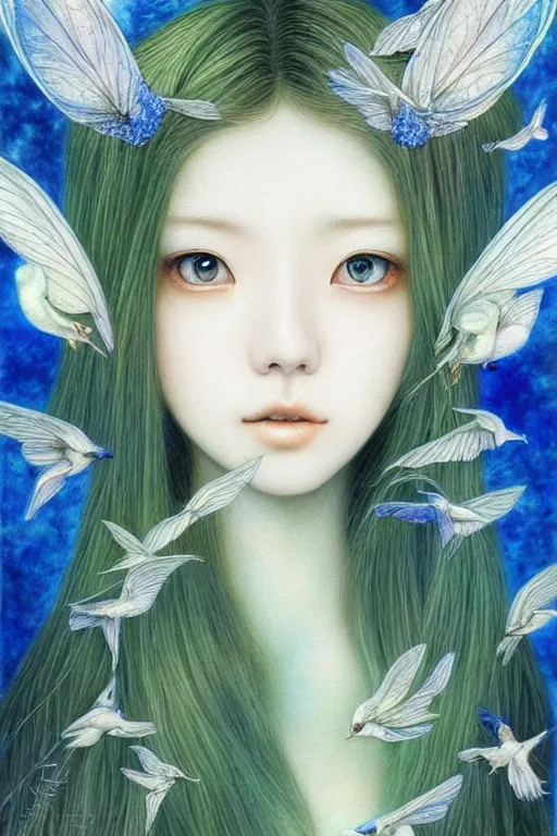 Image similar to breathtaking Portrait fairy by Miho Hirano, realistic, detailed, blue, green tonalities, beautiful collage technique including birds, CAT, ornate background, beautiful Fantasy detailed trending on artstation, oil painting, Dramatic lighting, eterea , high quality print, fine art with subtle redshift rendering