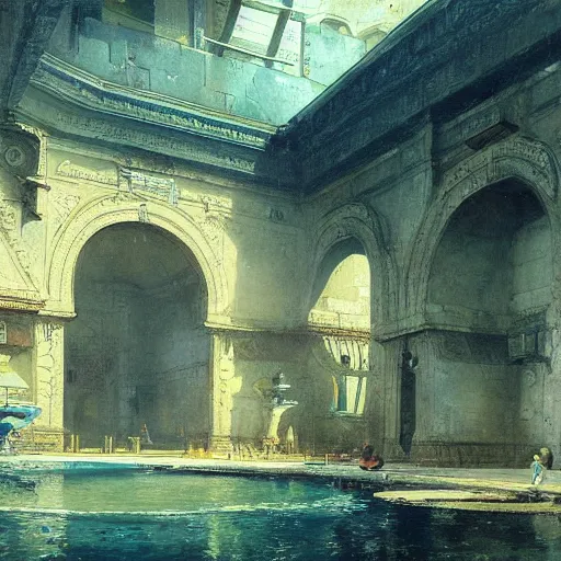 Image similar to painting of a scifi ancient civilzation victorian swimming pool, andreas achenbach, beksinski