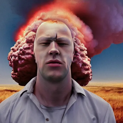 Image similar to hyperreal person with head blown exploding into nuclear cloud very cinematic fine detail, gritty, edgy, dark