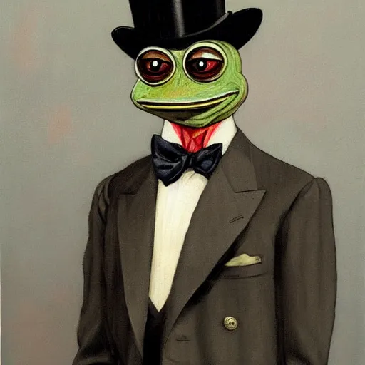Image similar to pepe the frog at the royal ascot, wearing morning suit and top hat, uncropped painting by Joseph Christian Leyendecker