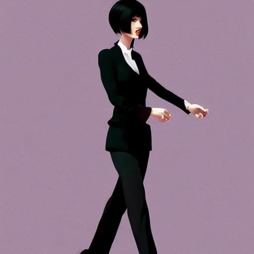 Image similar to slim girl in tuxedo with short black hair, elegant, 2d, ultra highly detailed, digital painting, smooth, sharp focus, artstation, art by Ilya Kuvshinov