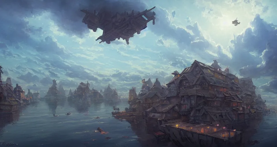 Image similar to landscape an floating town in the sky and an sky - ship flying towards it andreas rocha