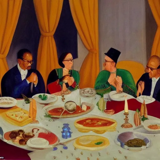 Image similar to president muhammadu buhari sitted at a lavish banquet with shiny trays and dishes with food minimalist solid background the great feast regal ornamental, iridescent in the style of edward hooper and henri matisse oil painting