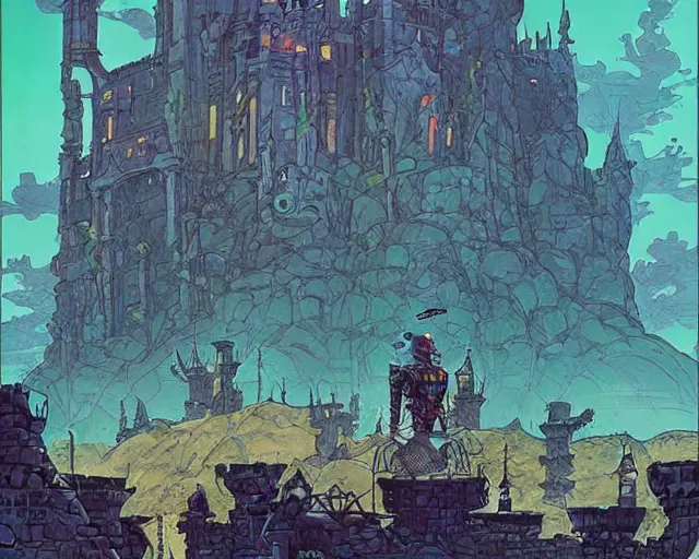 Image similar to beautiful comic book art of a fantasy castle by jack kirby and simon bisley, robots in the background landscape by simon stalenhag and peter mohrbacher