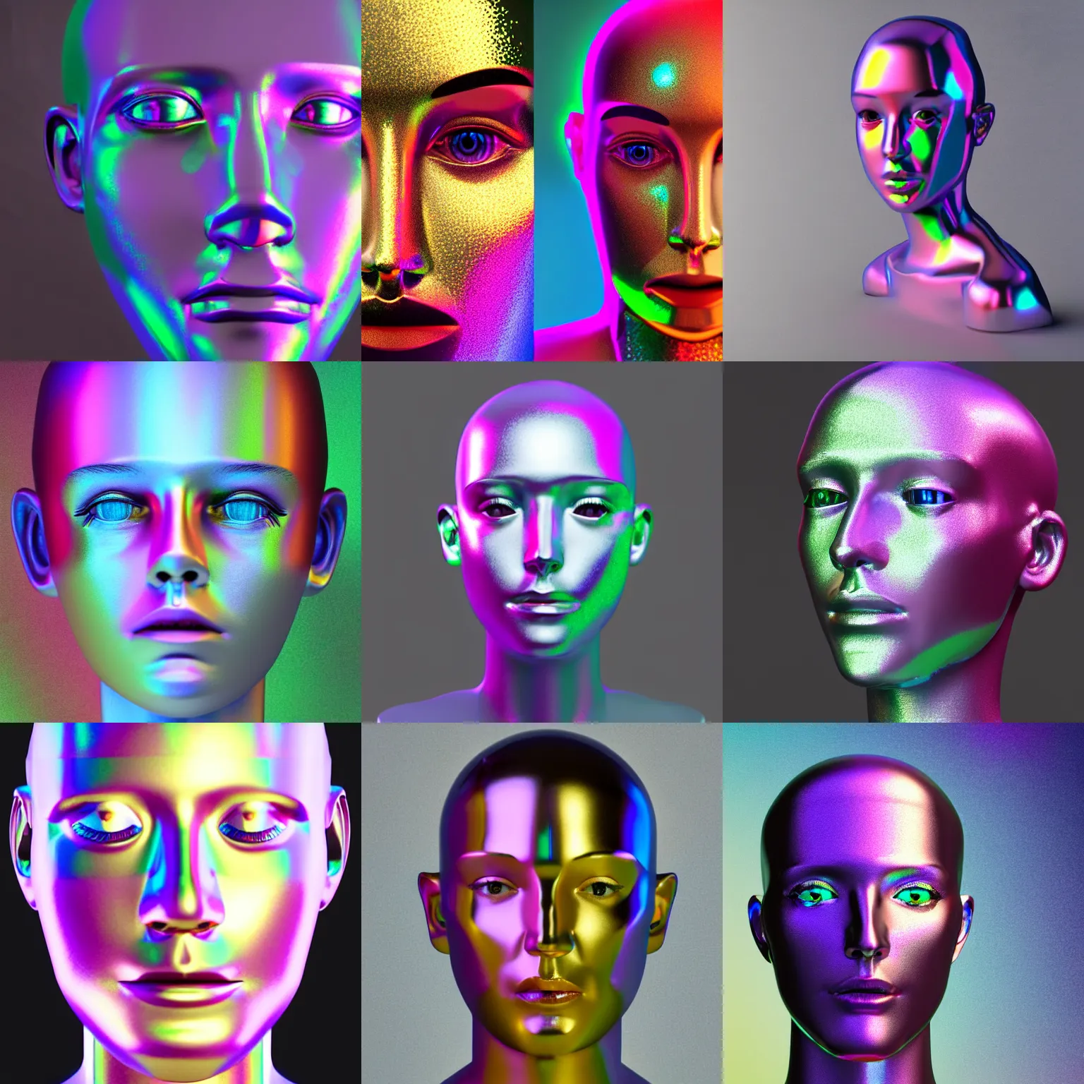 Image similar to 3d render of holographic human robotic head made of glossy iridescent, surrealistic 3d illustration of a human face non-binary, non binary model, 3d model human, cryengine, made of holographic texture, holographic material, holographic rainbow, concept of cyborg and artificial intelligence