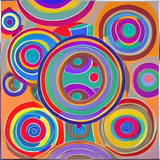 Prompt: painting in the style of frank stella, concentric circles, geometric, evenly spaced, minimalist, very colorful