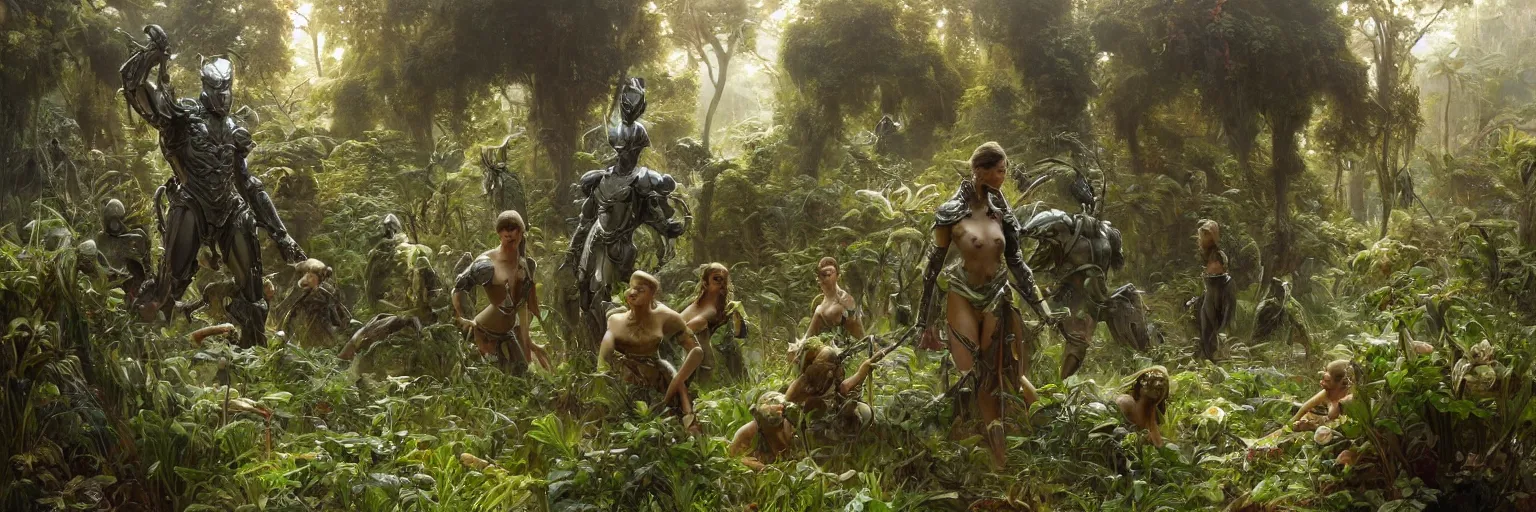 Prompt: an extremely detailed cinematic movie shot of a lush overgrown organic garden with an ornate futuristic suit of armor in the center, mossy ground, golden glow, masterpiece 4k digital illustration by Ruan Jia and Mandy Jurgens and Artgerm and william-adolphe bouguereau, highly detailed, trending on artstation, award winning