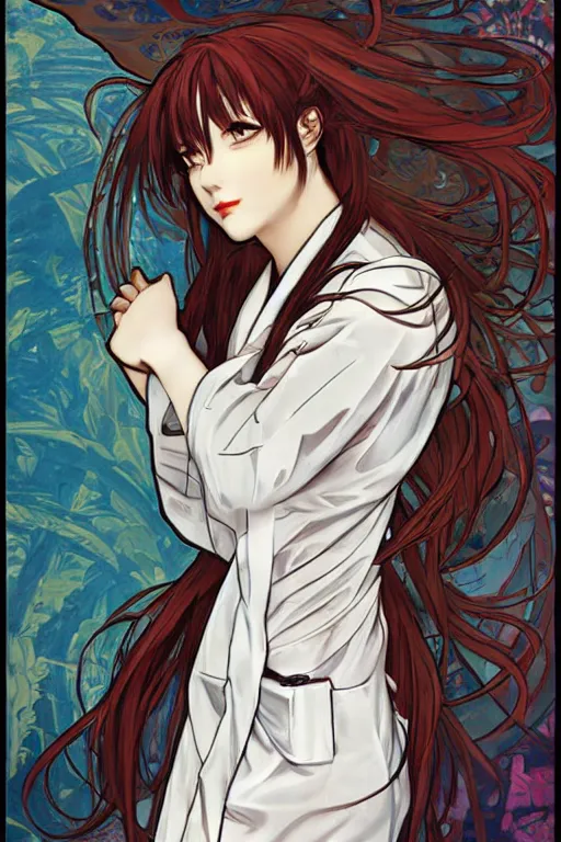 Image similar to Kurisu Makise in long lab coat tonemapped in the style of Ayami Kojima and Alphonse Mucha