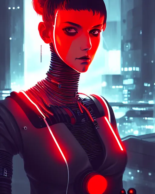 Image similar to a detailed potrait of a cyberpunk cyborg girl with black and red parts, perfect face, realistic shaded perfect face, detailed. night setting. very anime style. realistic shaded lighting poster by ilya kuvshinov katsuhiro, unreal engine, global illumination, radiant light, detailed and intricate environment