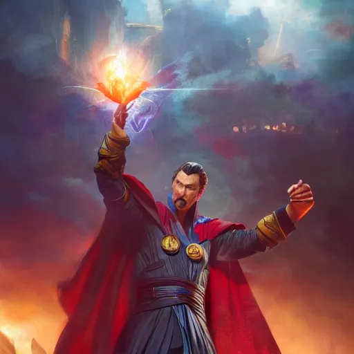 Image similar to dr strange with thor, magical world, by greg rutkowski, sung choi, photo realistic, 8 k, cinematic lighting, hd, atmospheric, hyperdetailed, trending on artstation, devainart, digital painting, glow effect