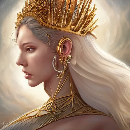 Image similar to a beautiful woman wearing a white dress made of silk, and a crown made of golden ornaments and diamonds jewelry by alex gray and android jones, karol bak, ayami kojima, amano, concept art, character design, fantasy, 3 d, 8 k resolution