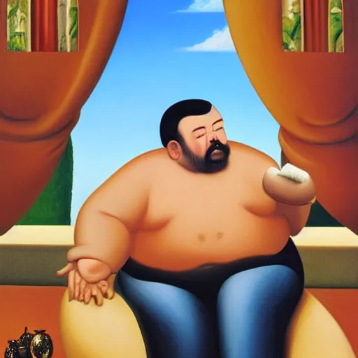 Image similar to Fernando Botero painting of Ricky Gervais relaxing and smoking weed, high definition art, extremely detailed