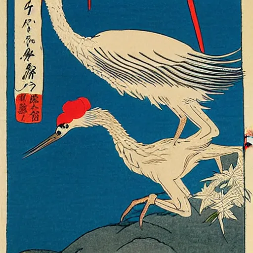 Image similar to 鶴 crane, in the style of hokusai, ukiyo-e