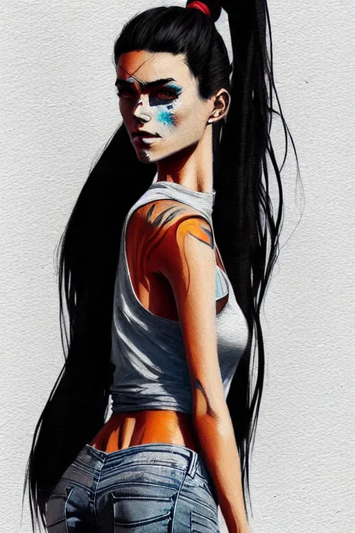 Image similar to a ultradetailed beautiful full body painting of a stylish woman in with a ponytail, she is wearing a black tank top and jeans, by conrad roset, greg rutkowski and makoto shinkai trending on artstation