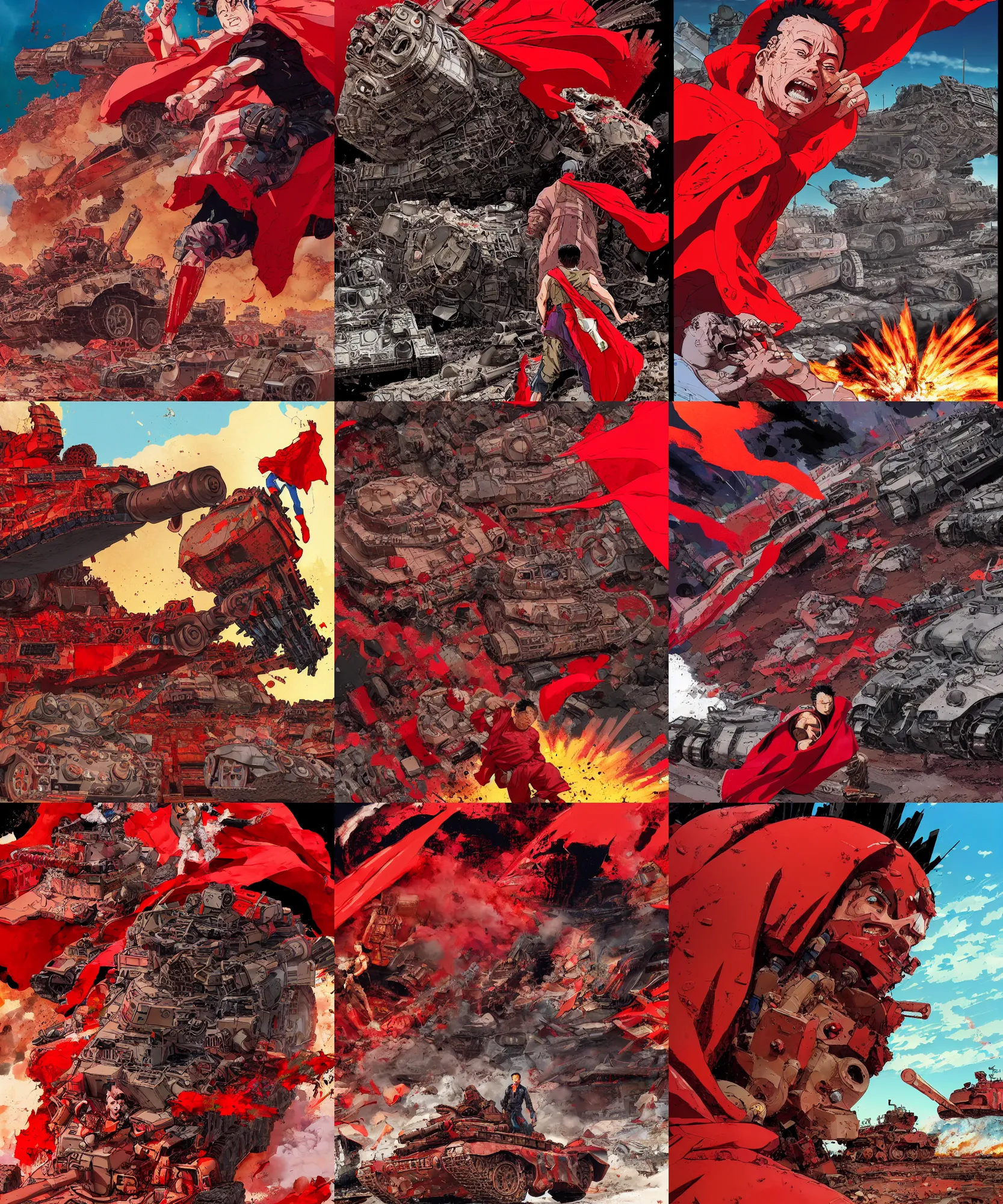 Prompt: a scene of destroyed tanks and a close up of tetsuo with red cape from akira, vibrant colors and hard shadows and strong rim light, comic cover art, plain background, trending on artstation, in the style of katsuhiro otomo