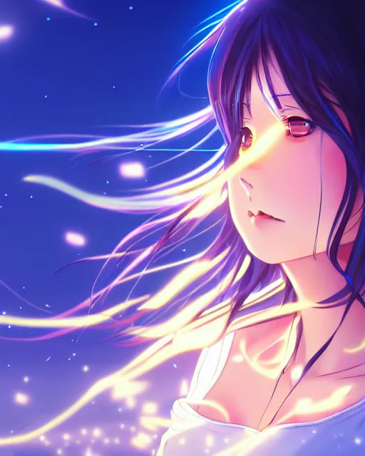 Image similar to anime style, vivid, expressive, full body, 4 k, a cute girl with white skin and long wavy hair humming a song, stunning, realistic light and shadow effects, centered, simple background, studio ghibly makoto shinkai yuji yamaguchi