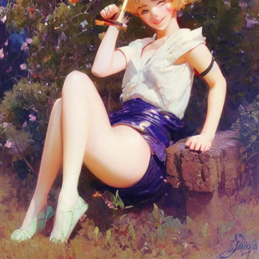 Image similar to a portrait of a cute anime girl on swing, smiling coy, painting by gaston bussiere, craig mullins, j. c. leyendecker