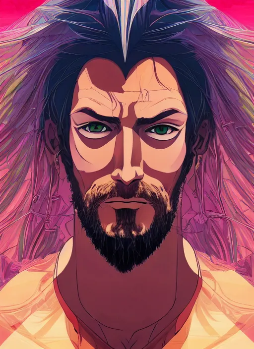Prompt: portrait of a psychedelic jesus christ, digital painting masterpiece, advanced lighting technology, stylized yet realistic anatomy and face, gorgeous, by reiq and bengus and akiman and shigenori soejima and bastien vives and balak and michael sanlaville and jamie hewlett, 4 k wallpaper, cinematic, gorgeous brush strokes, coherent and smooth