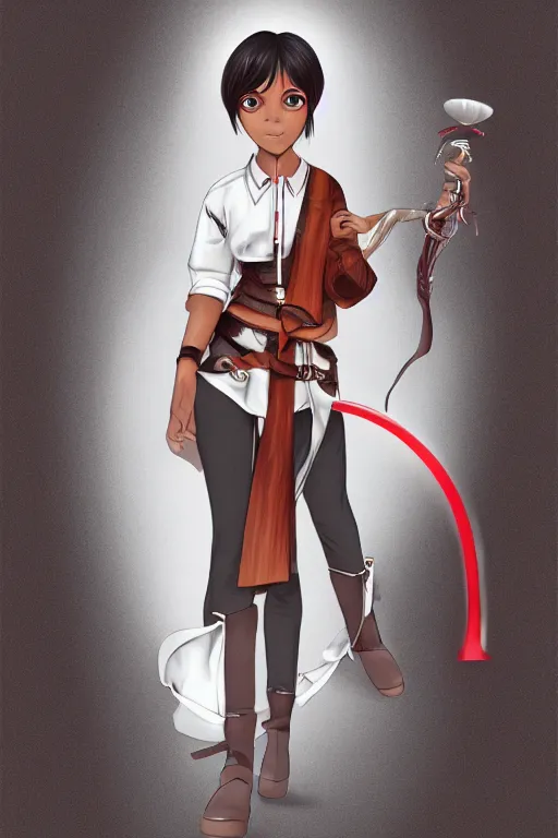 Image similar to young-looking dark-skinned female mage with brown bob-cut hair, wearing white shirt and necklace with grey short-sleeved jacket with red trim, belt, black pants and boots with red lacing, and carrying a wooden staff with floating red crystals. illustrated by Viorie