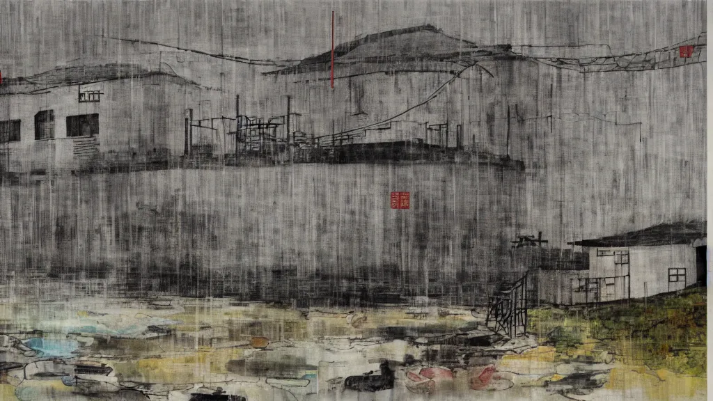 Image similar to a chinese prison near a river by peter doig, shades of grey, overlaid with chinese adverts