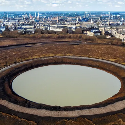 Prompt: a large nuclear crater in london, realistic, taken on drone camera.