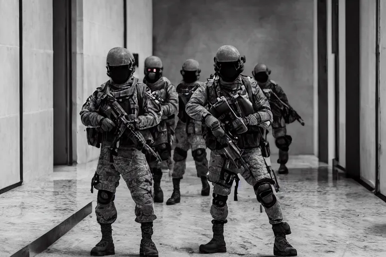 Prompt: Mercenary Special Forces soldiers in grey uniforms with black armored vest and black helmets raising a mansion in 2022, Canon EOS R3, f/1.4, ISO 200, 1/160s, 8K, RAW, unedited, symmetrical balance, in-frame, combat photography