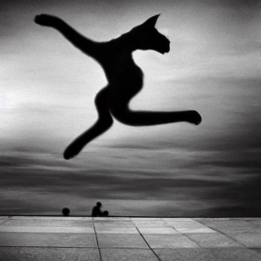 Prompt: a black and white photo of a cat jumping in the air, a renaissance painting by hanns katz, flickr contest winner, renaissance, renaissance painting, kinetic, demonic photograph