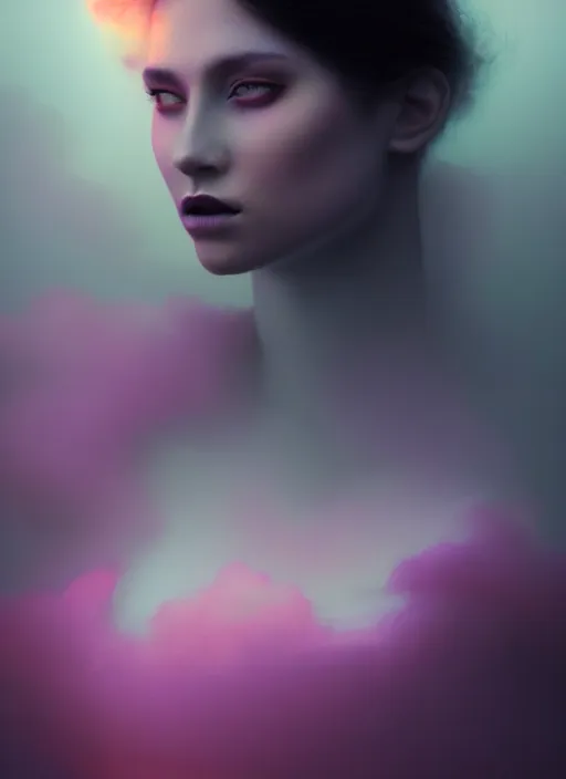 Image similar to an ethereal, misty portrait of a woman whose face is accented with neon - toned glowing eyeliner. the makeup floats off her face and joins swirling clouds of smoke and fog, becoming an aurora. muted tones. surreal portrait, cinematic lighting, 8 k, smooth, sharp focus, digital painting, rendered in octane, painted by tom bagshaw, artgerm