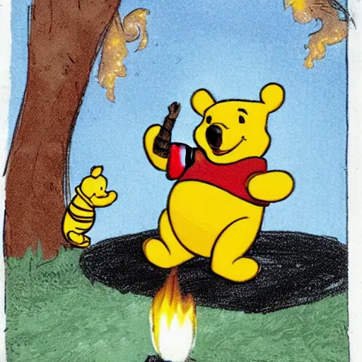 Image similar to winnie the pooh lighting a house on fire, in the style of winnie the pooh