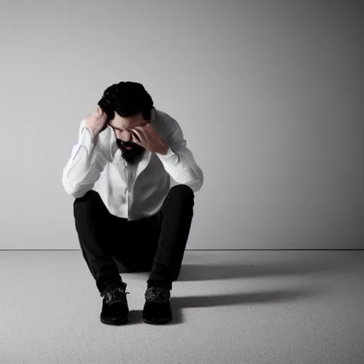 Prompt: a man with black hair and beard, wearing a black jacket, white shirt and jeans, sitting in an empty white room, devastated, rendered in unreal engine