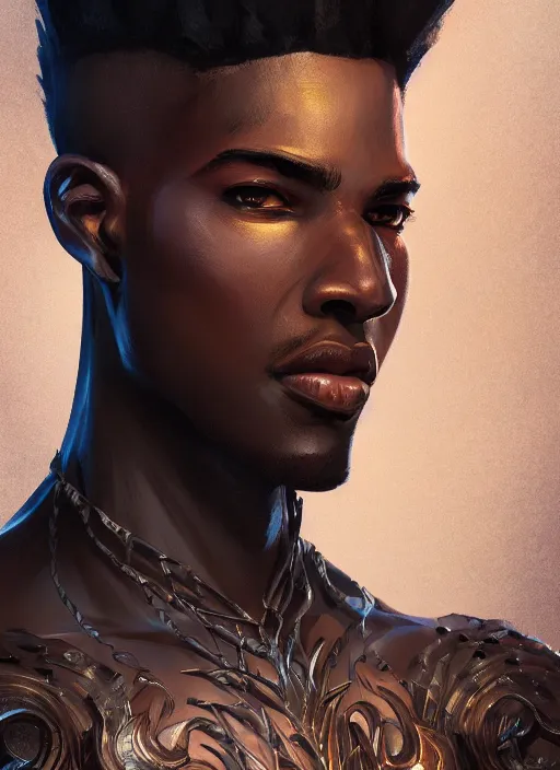 Prompt: a highly detailed illustration of attractive young african guy with flat top flaming hair, dramatic standing pose, intricate, elegant, highly detailed, centered, digital painting, artstation, concept art, smooth, sharp focus, league of legends concept art, wlop