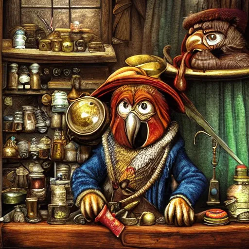 Prompt: Anthropomorphized parrot trader in his shop, wares, portrait, items, magic potions, carpet, window, fancy hat, sly expression , cunning expression, cute expression, presenting wares, D&D, fantasy, cinematic lighting, highly detailed, digital painting, artstation, concept art, smooth, sharp focus, illustration, warm light, cozy warm tint, magic the gathering artwork, volumetric lighting, 8k, art by Akihiko Yoshida, Greg Rutkowski