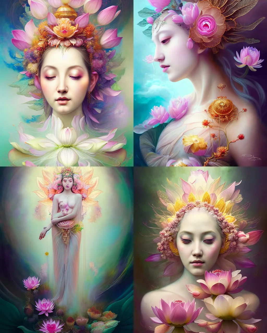 Image similar to Full View realistic Portrait ethereal lotus flower deity wearing beautiful dress, lotus flower Dryad beautiful dress, spirituality, 4k digital masterpiece by Anna Dittman and Alberto Seveso Ruan Jia, rossdraws, fantasycore, Hyperdetailed, realistic oil on linen, soft lighting, Iconography background, featured on Artstation