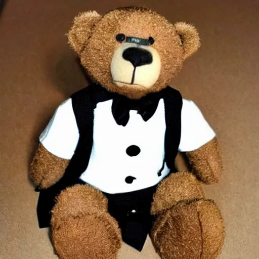 Prompt: a teddy bear in a tuxedo, highly realistic, highly detailed