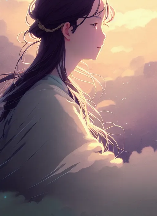 Image similar to portrait of a girl, cloudy sky background lush landscape ln illustration concept art lotr anime key visual portrait long flowing hair fine detail delicate features gapmoe kuudere trending pixiv by victo ngai fanbox by greg rutkowski makoto shinkai takashi takeuchi studio ghibli