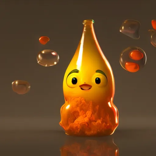 Image similar to single lava lamp with a gelatinous cute happy creature positioned inside, playful, globules, 8 k, render by pixar