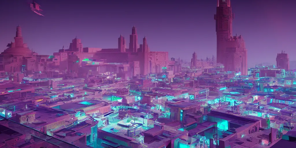 Prompt: Futuristic Marrakech Morocco, in the style of beeple and Mike Winkelmann, photo real, ultra realistic, intricate, epic lighting, Futuristic ,8k resolution, unreal engine 5, ultraviolet colors