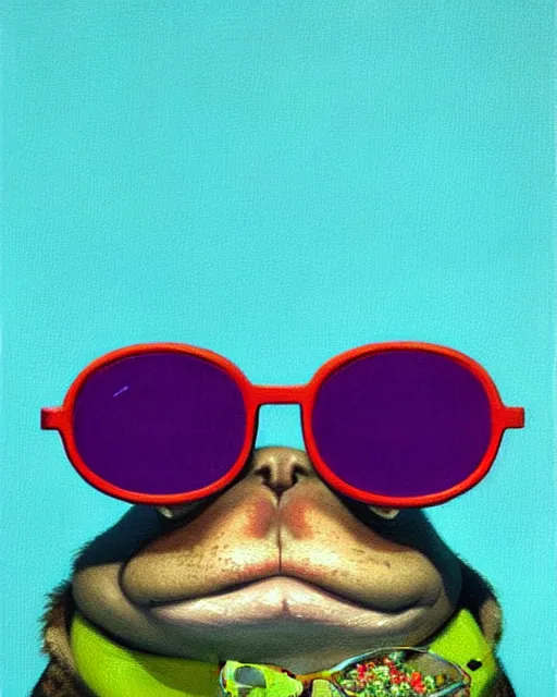 Prompt: hyper realistic oil painting of a fat toad wearing anaglyph glasses : a green and a blue glass, popcorn pot, vibrant colors, high contrast, by greg rutkowski and denis villeneuve, trending on artstation