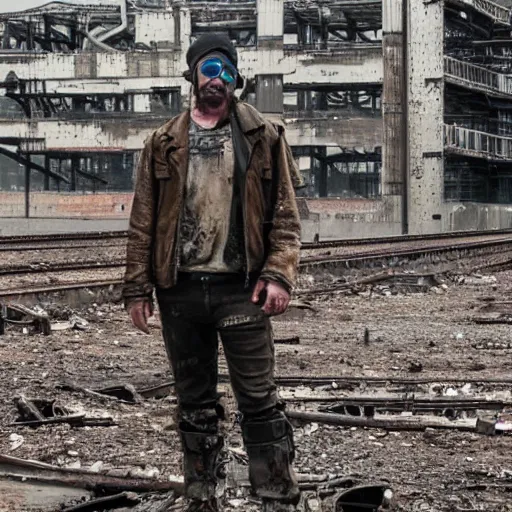 Prompt: post - apocalyptic wasteland wanderer, abandoned steelworks, steelpunk,