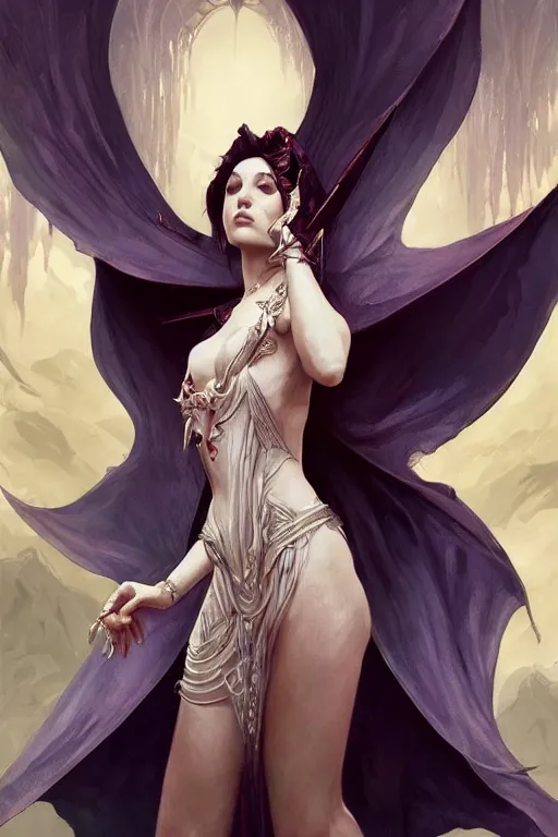 Image similar to beautiful vampire female queen, full body shot, ascending form the sky, hands reaching for her, d & d, fantasy, intricate, elegant, highly detailed, digital painting, artstation, concept art, matte, sharp focus, illustration, hearthstone, art by artgerm and greg rutkowski and alphonse mucha