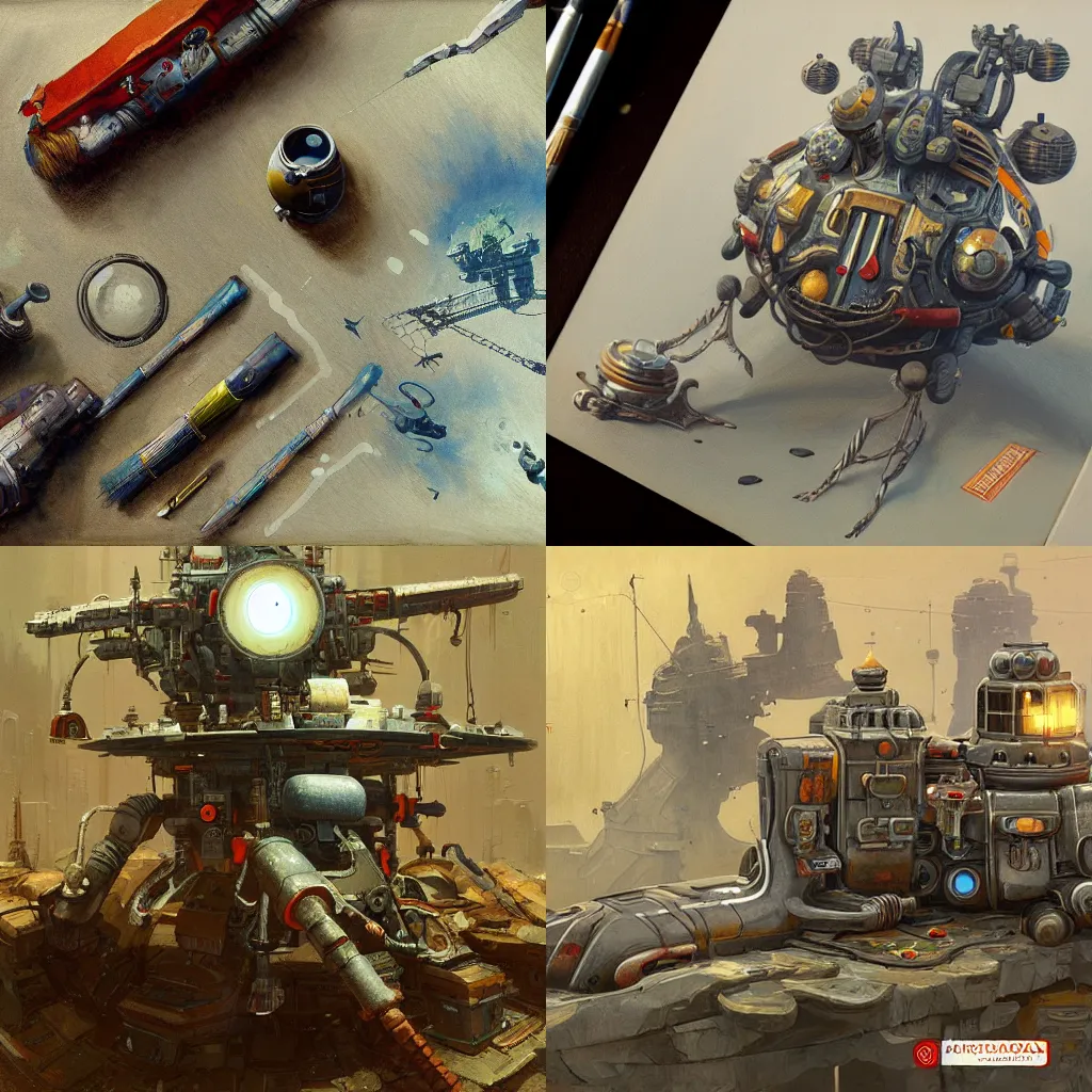 Prompt: detailed painting of a single scifi gadget on a table, organic ornaments, ian mcque, minoru nomata