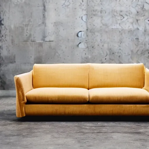 Prompt: a sofa made with soft, viscous human skin, large visible seams