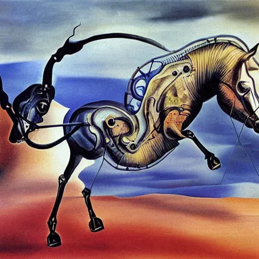 Image similar to A horse with wheels splits the fabric of time. Painting by Salvador Dali.