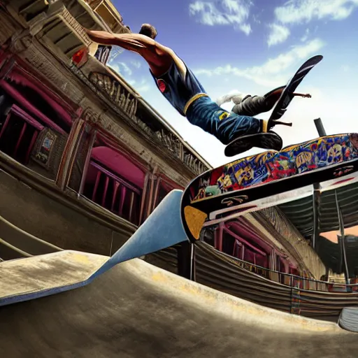 Image similar to roman horse-drawn chariot racer high jumping in a skate park half-pipe, video game cover, intense, high detail, crowd cheering, style of Tony Hawk