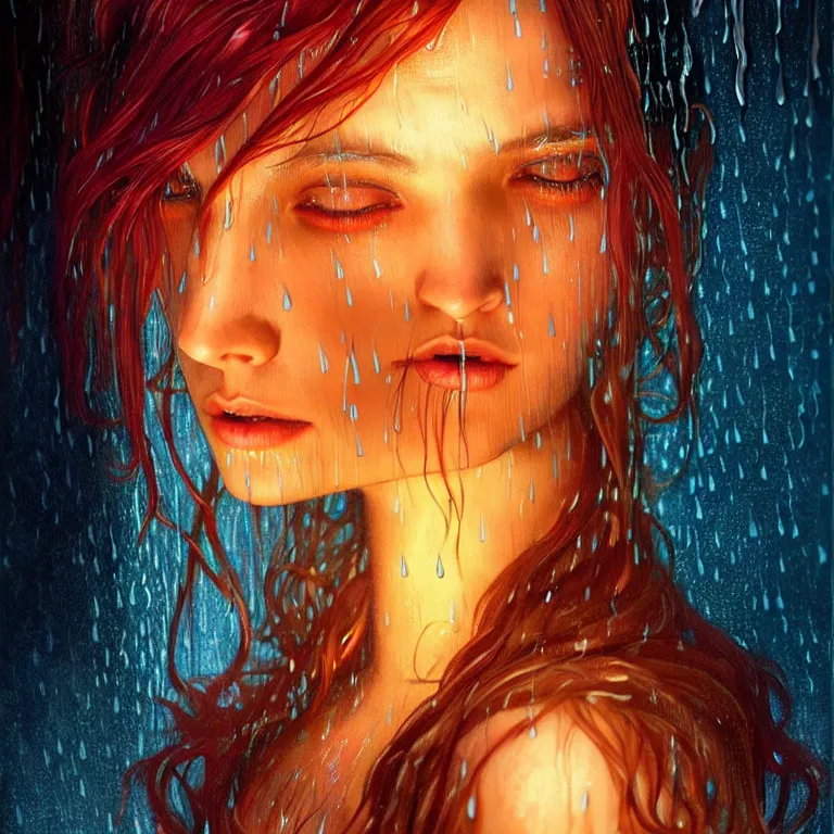 Image similar to bright asthetic portrait LSD glowing backlit rain on face and wet hair, fantasy, intricate, elegant, dramatic lighting, highly detailed, lifelike, photorealistic, digital painting, artstation, illustration, concept art, smooth, sharp focus, art by John Collier and Albert Aublet and Krenz Cushart and Artem Demura and Alphonse Mucha